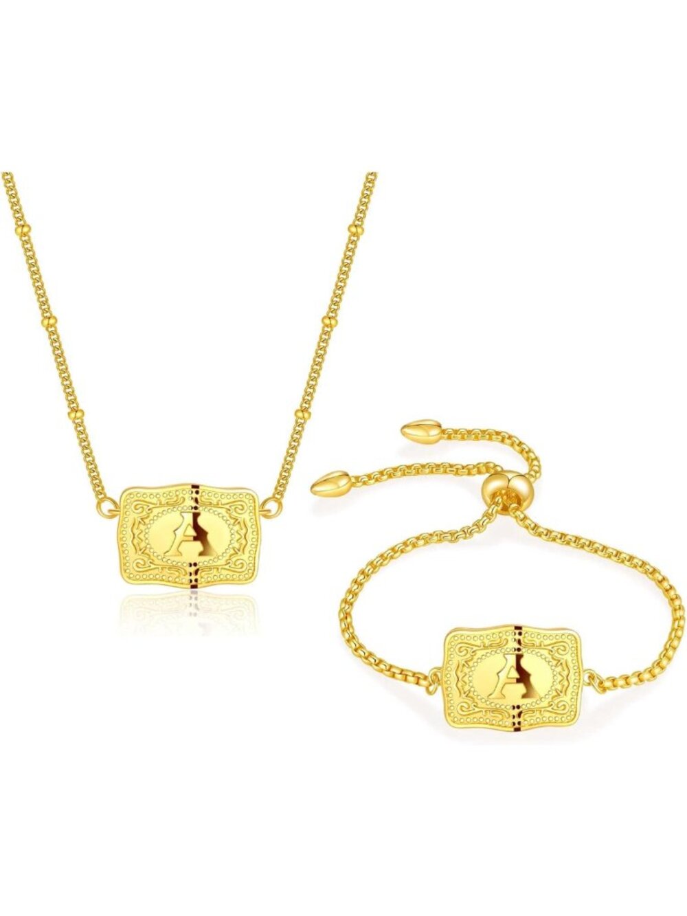 2-Pc Gold & Silver Initial Necklace & Bracelet Set - 18K Plated Western Style